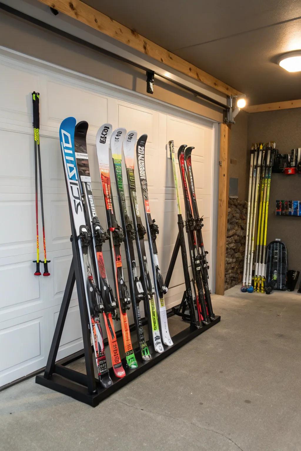 Freestanding racks are perfect for garages, keeping skis upright and organized.