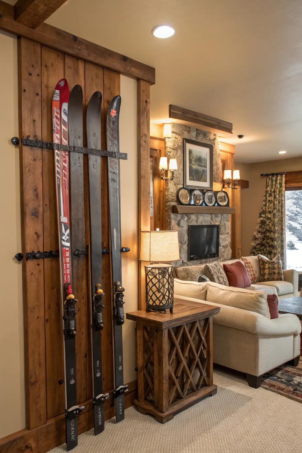 A decorative display rack turns ski storage into a visual feature.