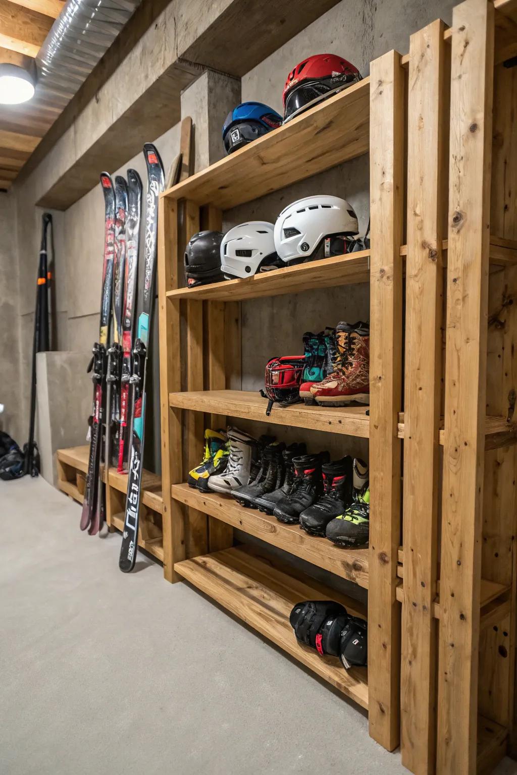 Shelving units provide a versatile solution for storing skis and gear.