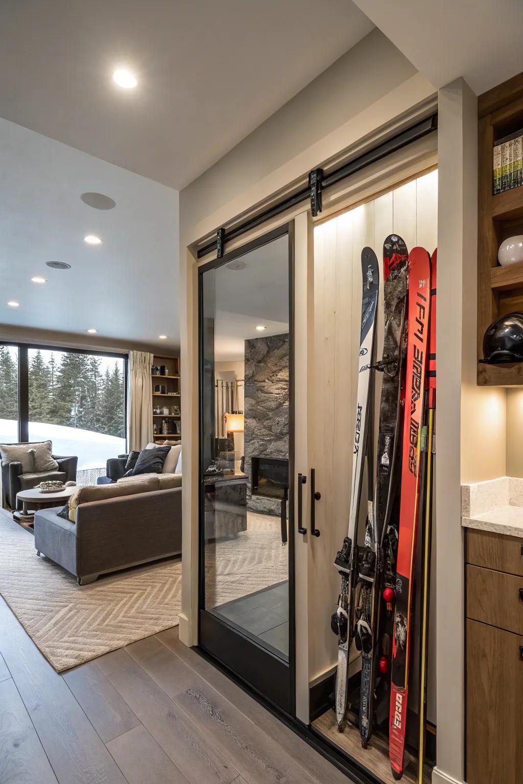 Sliding door systems offer a sleek way to conceal ski storage.