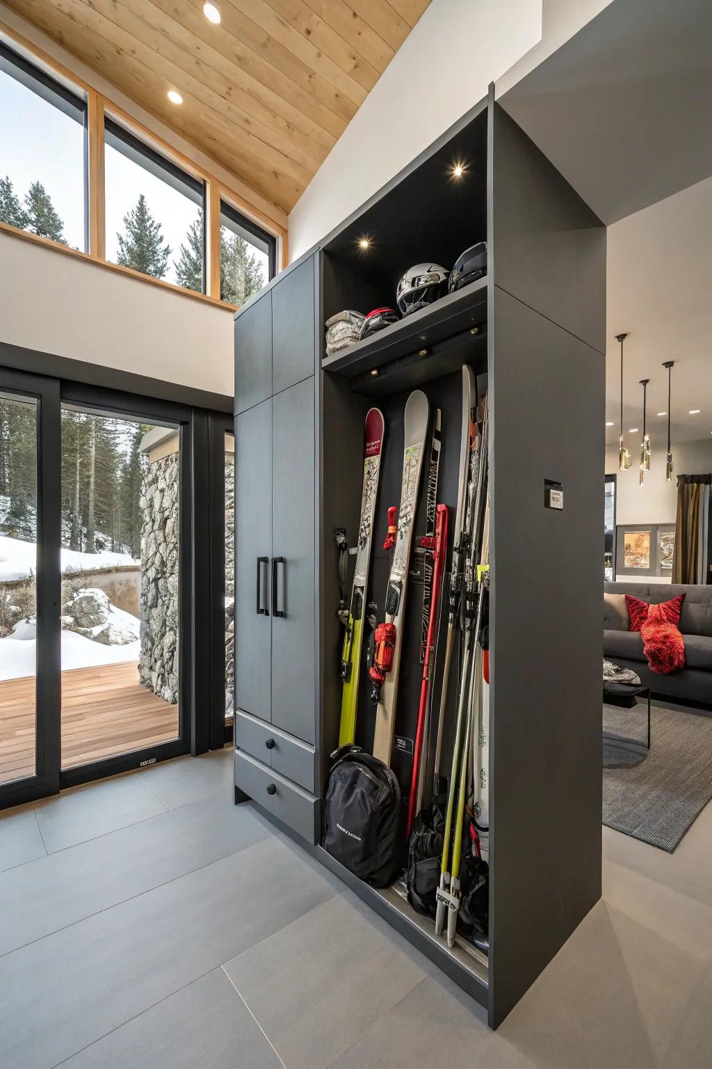 Custom built-ins are tailored for efficient and effective ski storage.