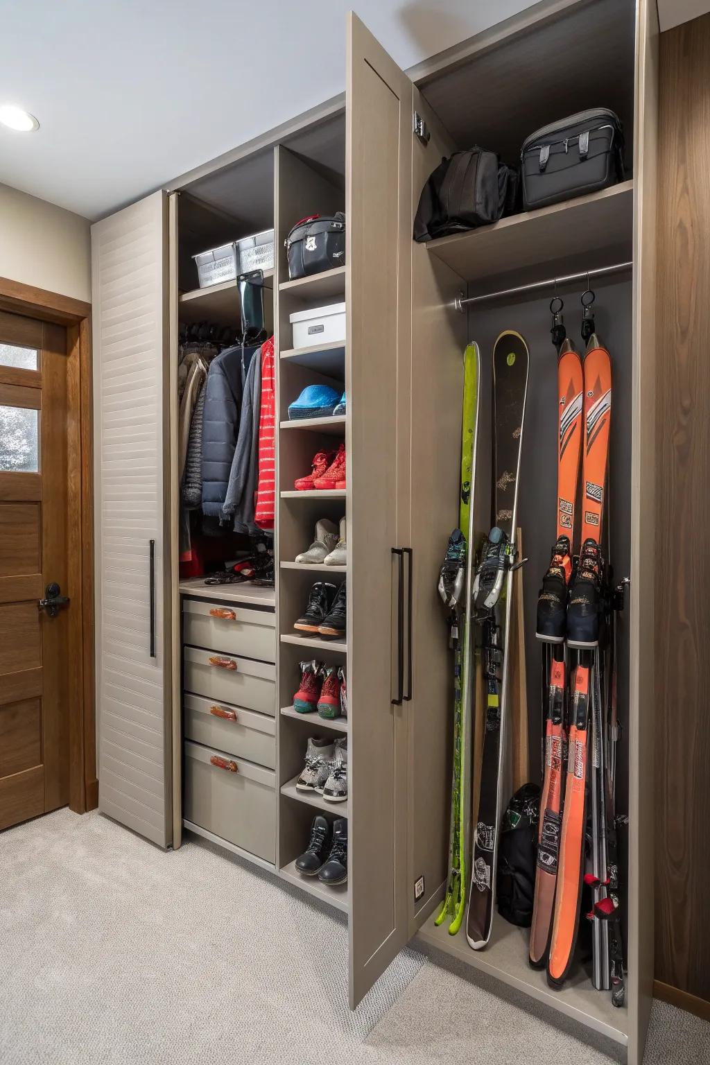 A dedicated ski closet keeps gear hidden and organized.