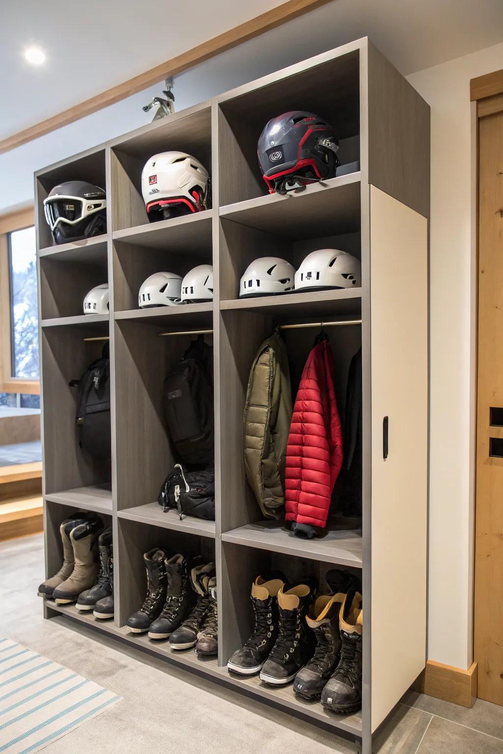 Multi-purpose storage keeps all ski gear neatly organized and accessible.
