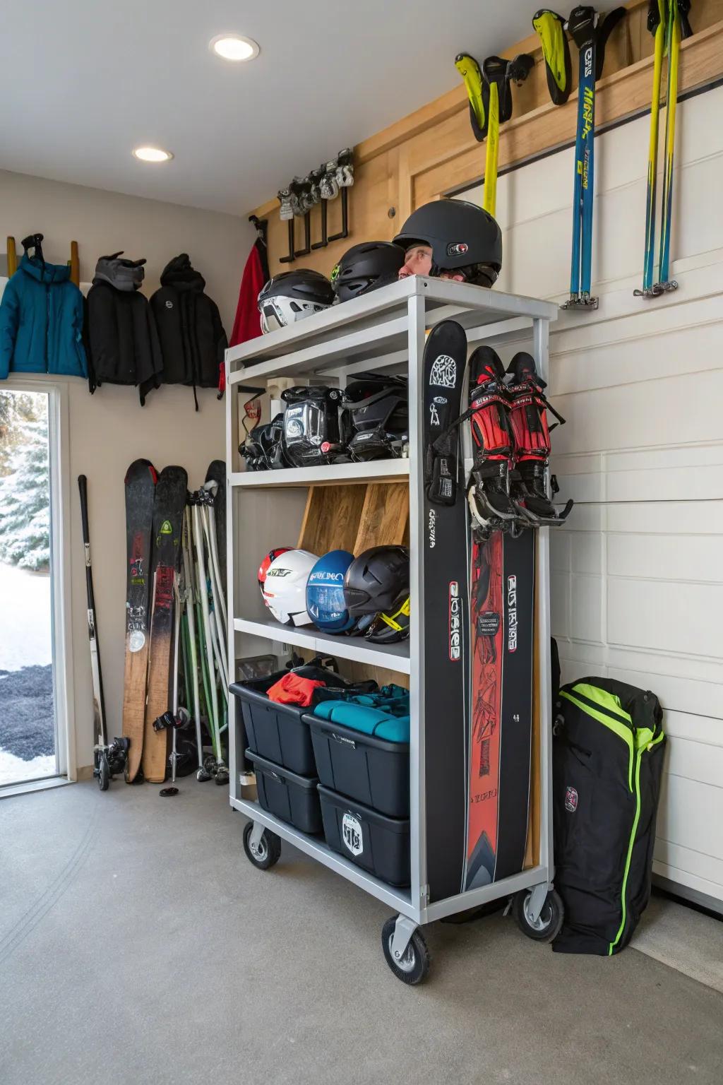 A ski storage cart provides mobility and organization for family gear.