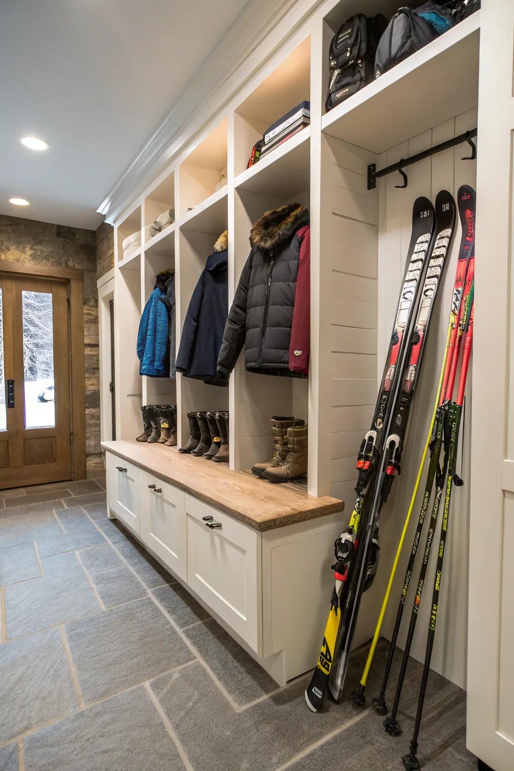 Under-bench storage keeps skis hidden yet easily accessible.