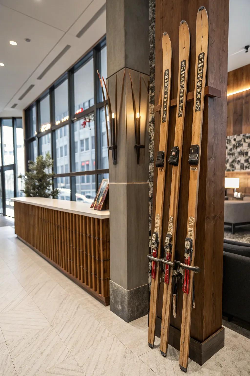 A vintage ski rack adds a touch of nostalgia to modern storage solutions.