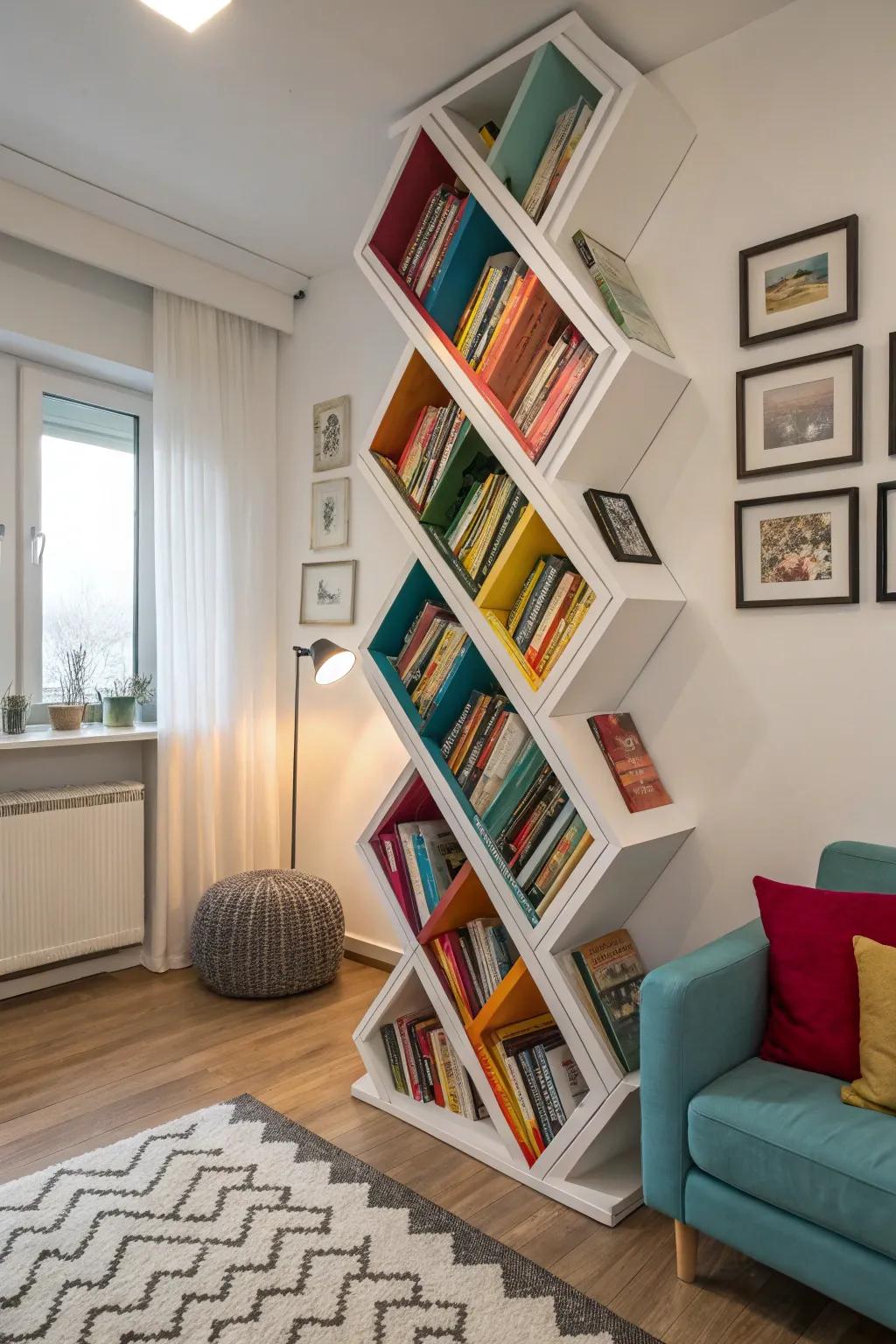 Zig-zag bookshelves make a unique design statement.