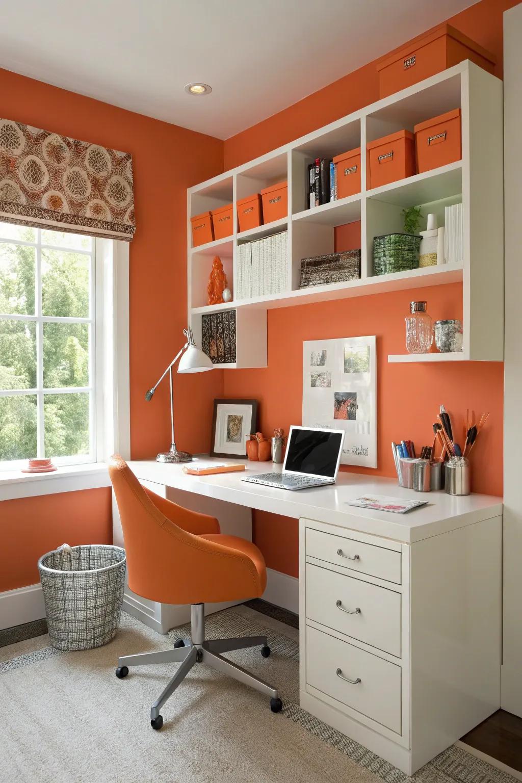 Orange and white decor creates an inspiring and energizing home office.