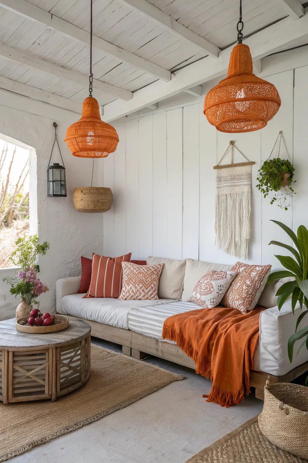 Orange lighting adds warmth and ambiance to a modern living space.