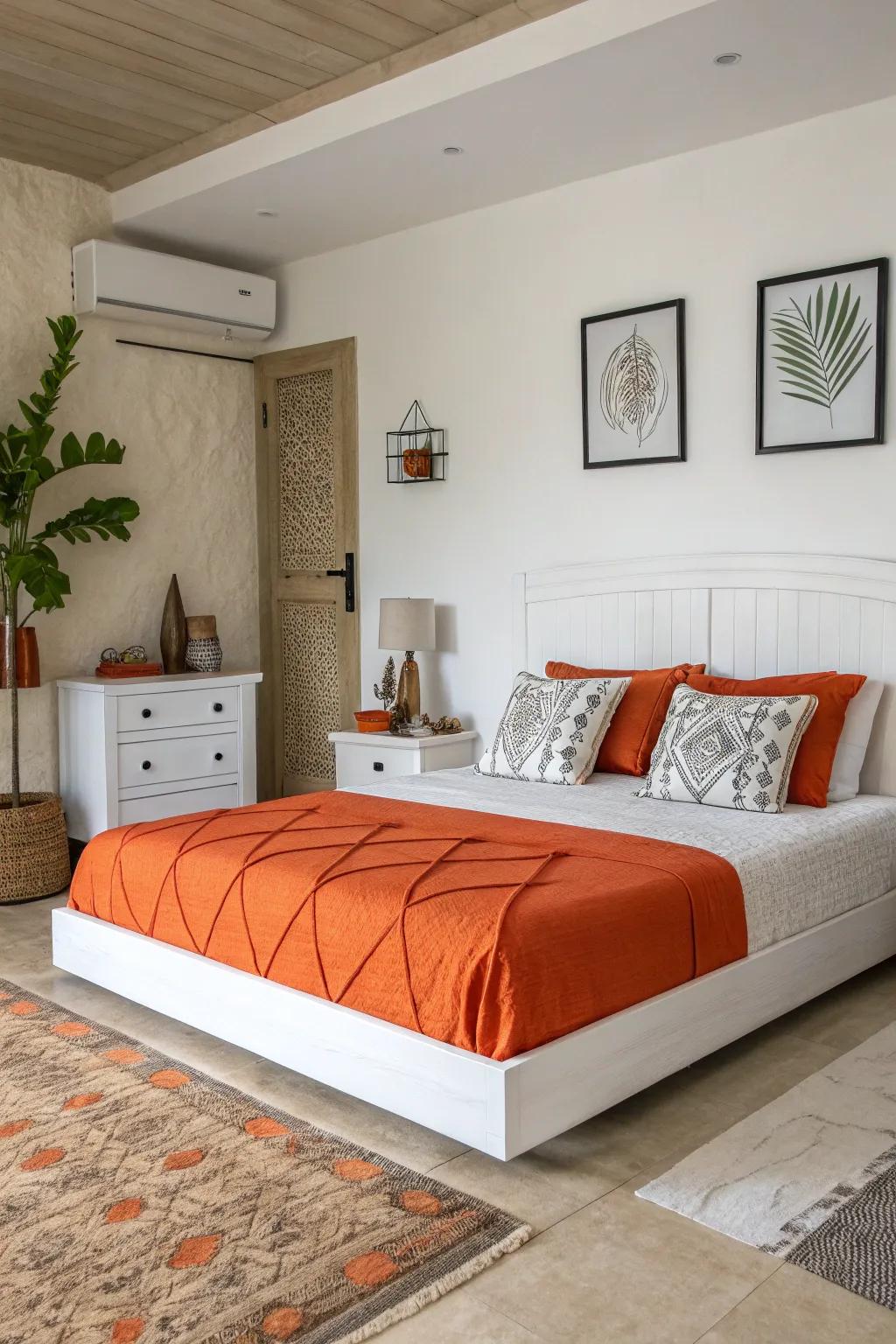 A modern bedroom with bold orange bedding and a sleek white bed.