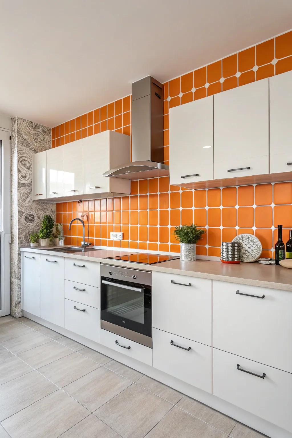 A playful orange and white backsplash adds flair to a modern kitchen.