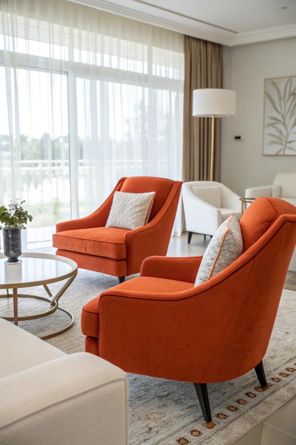 Orange accent chairs add energy and focus to a modern seating area.