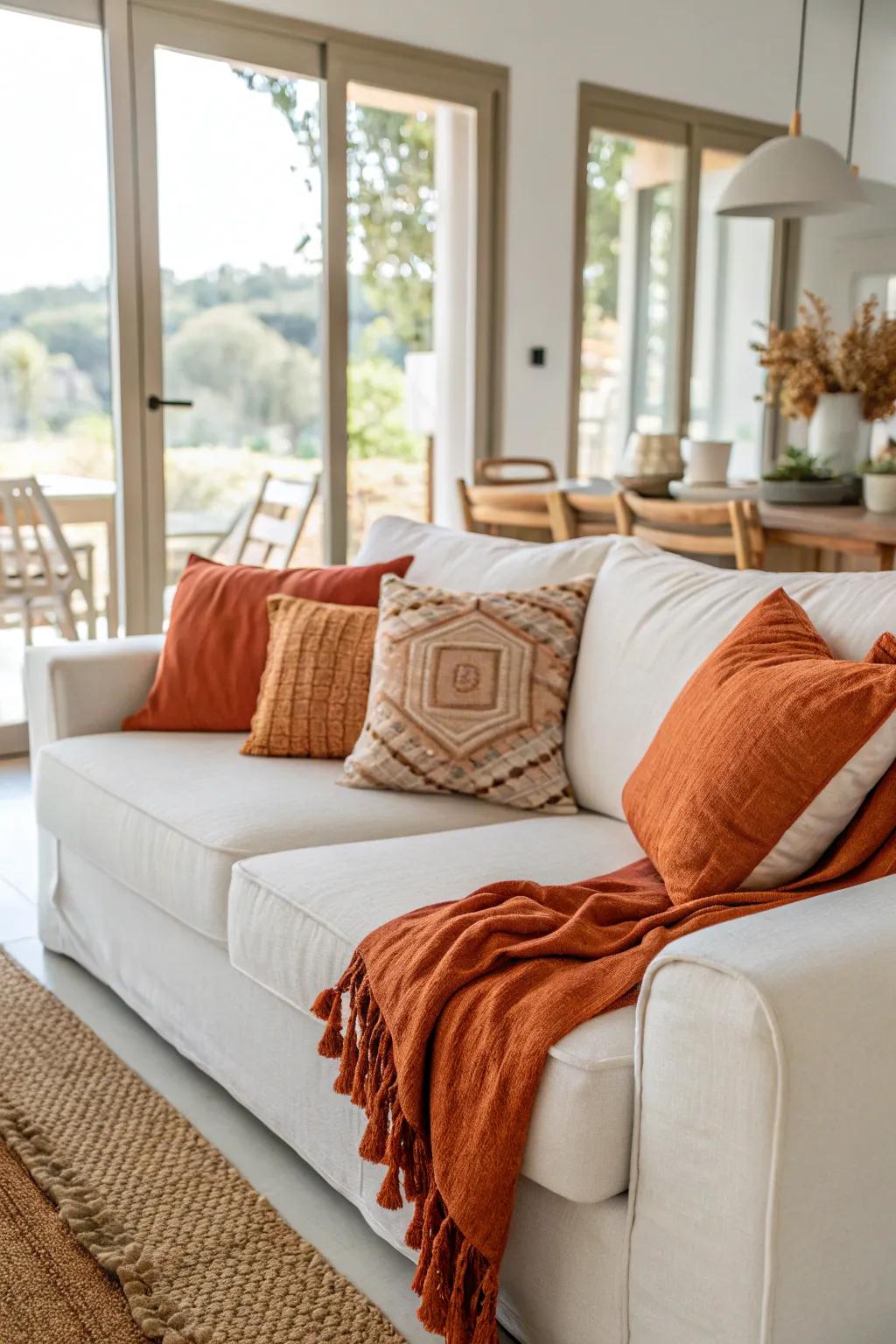 Orange throws add a pop of color and warmth to a white sofa.