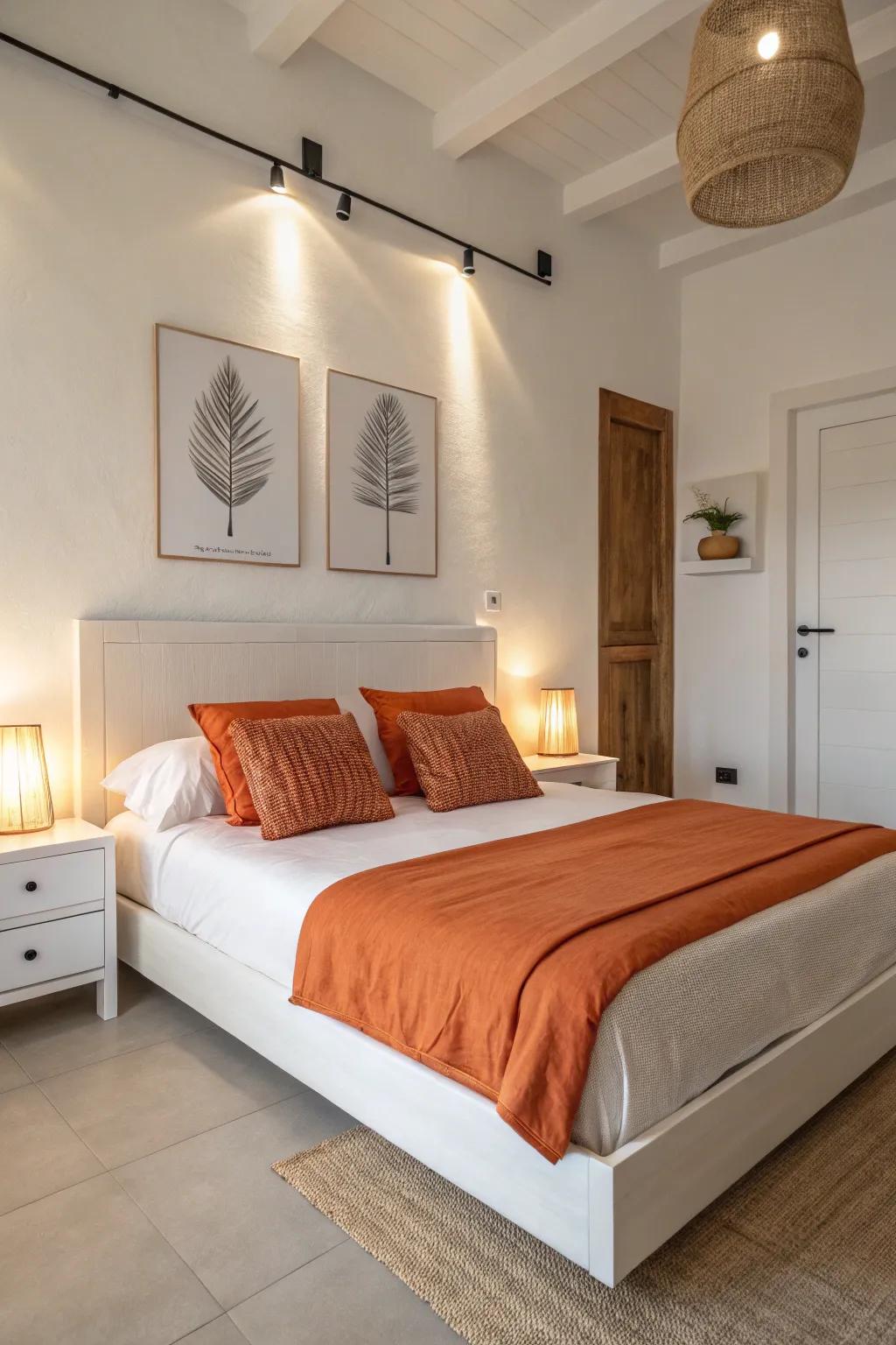 Orange bedding accents breathe life into a serene white bedroom.