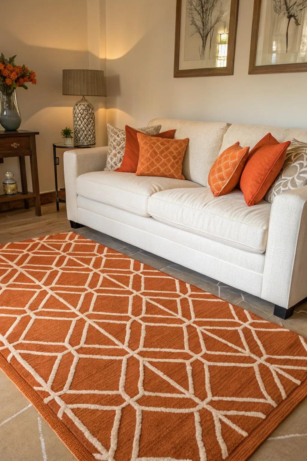 Geometric patterns in orange create a dynamic look in a chic living room.