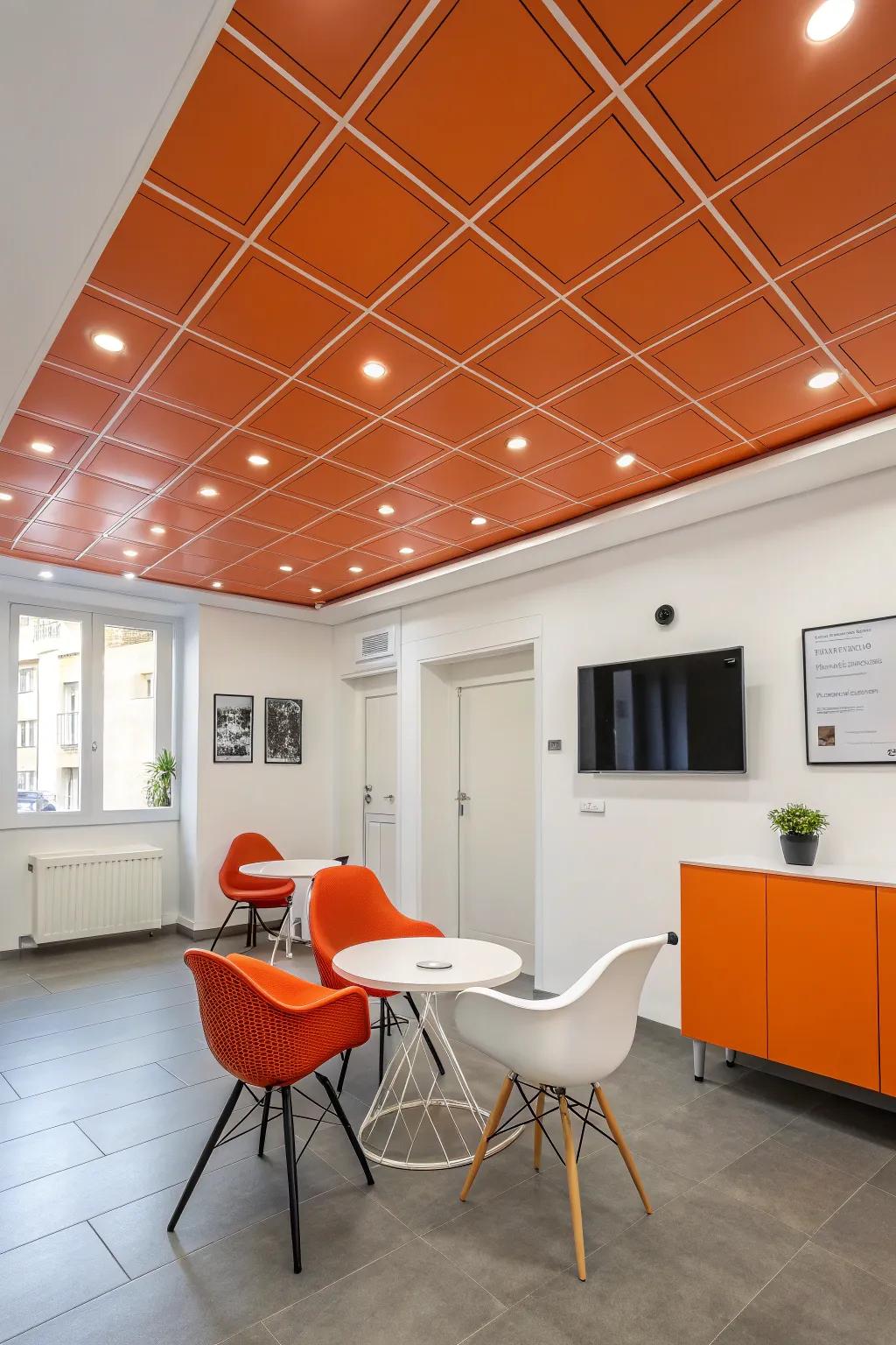 An orange ceiling brings unexpected drama to a sleek, modern room.