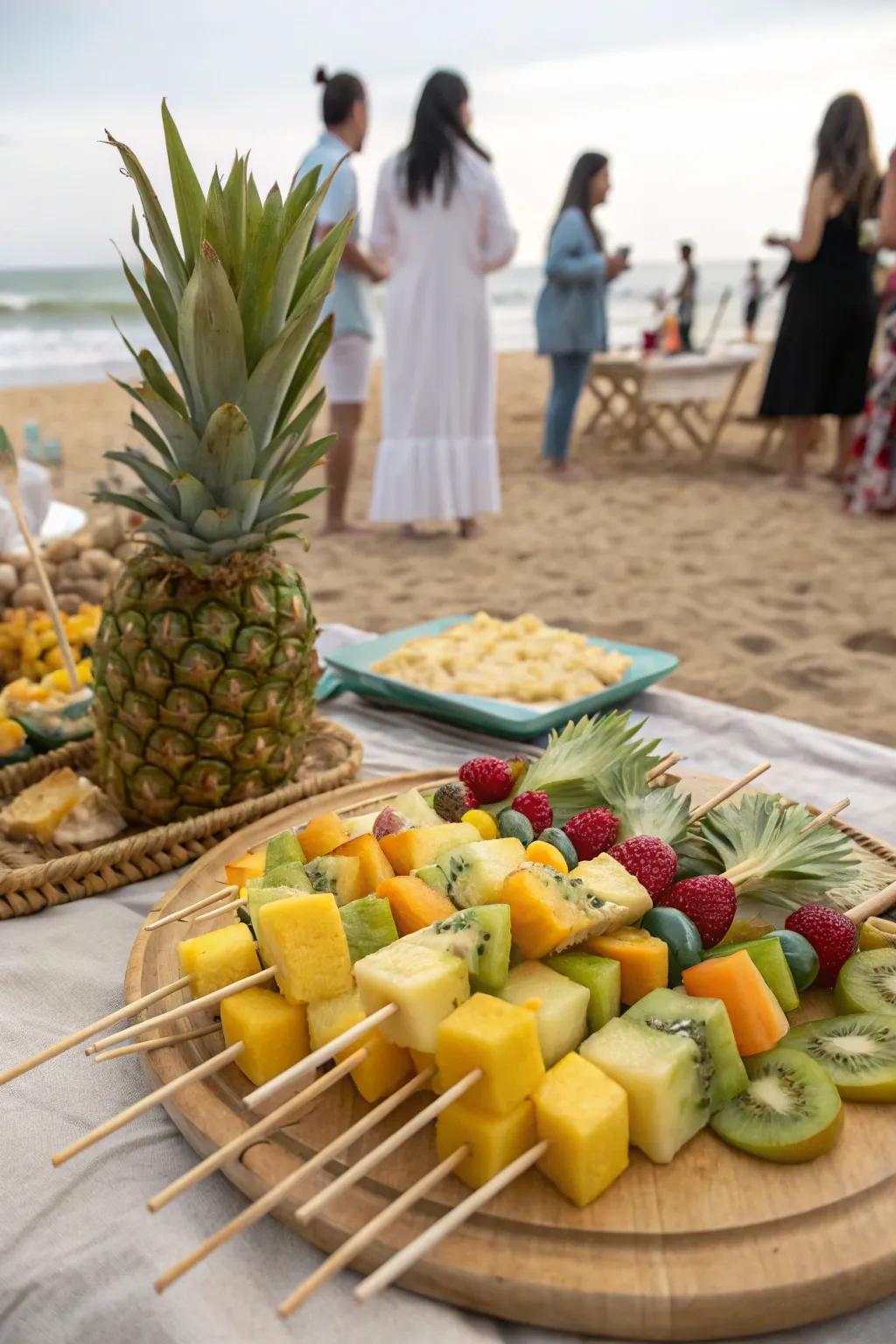 Tropical fruit skewers offer a burst of color and flavor.