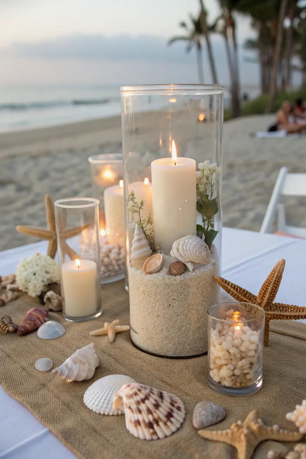 Seashells and soft candlelight make for enchanting beach-themed centerpieces.