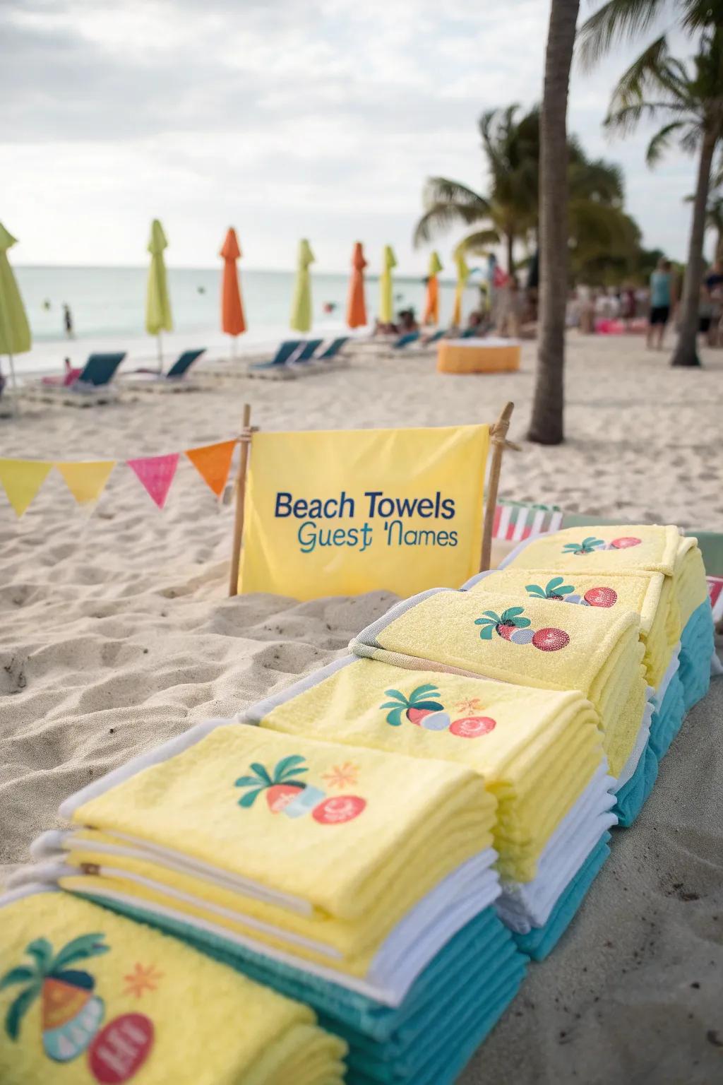 Personalized beach towels are both practical and memorable favors.