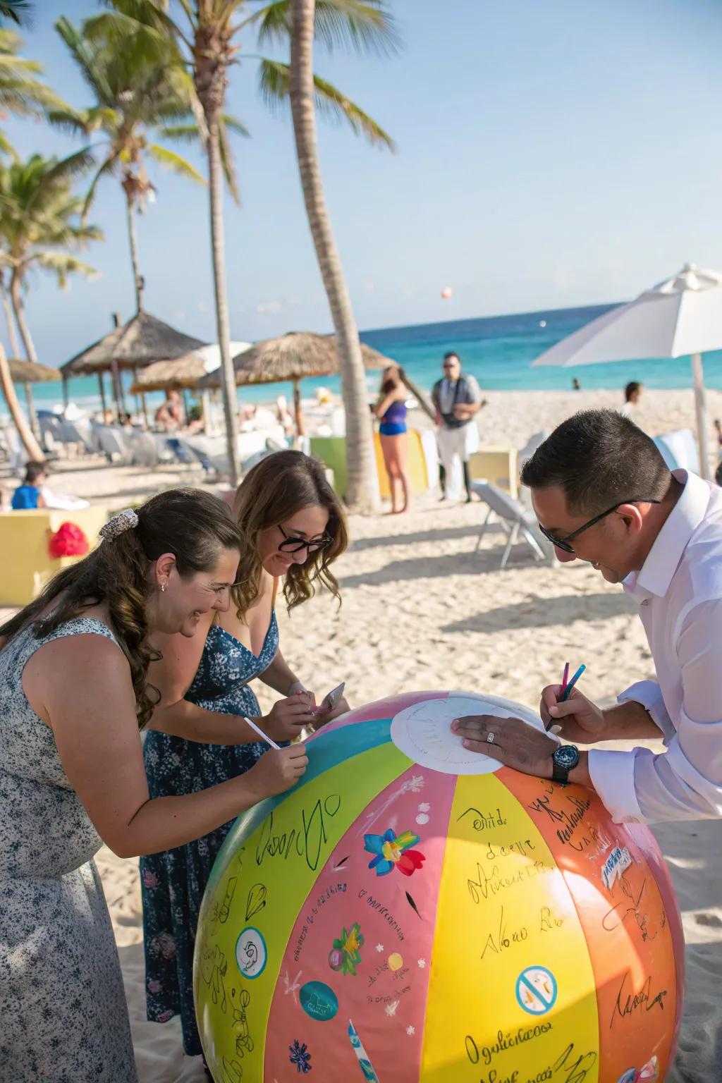 A beach ball guestbook adds a playful twist to guest sign-ins.