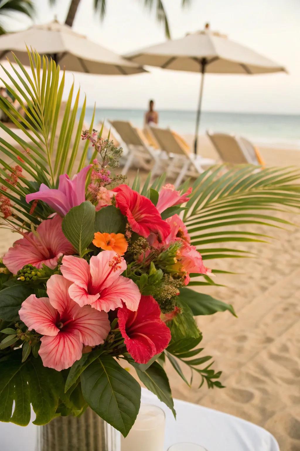 Tropical flowers add a splash of color and coastal charm.