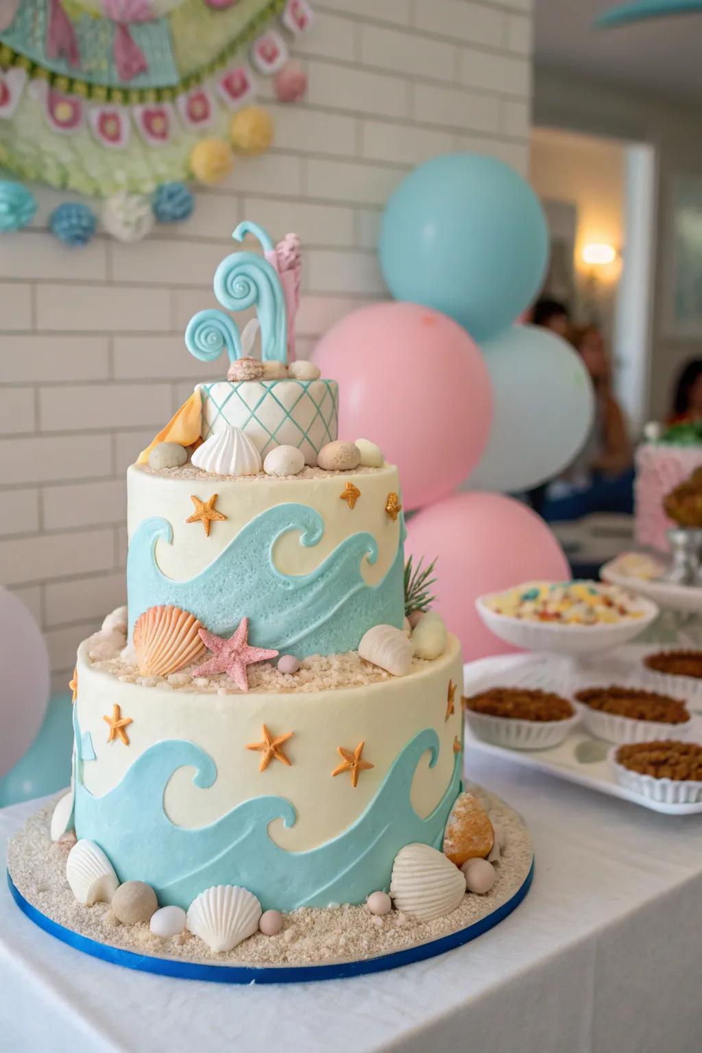 A beach-themed cake makes a delightful centerpiece.