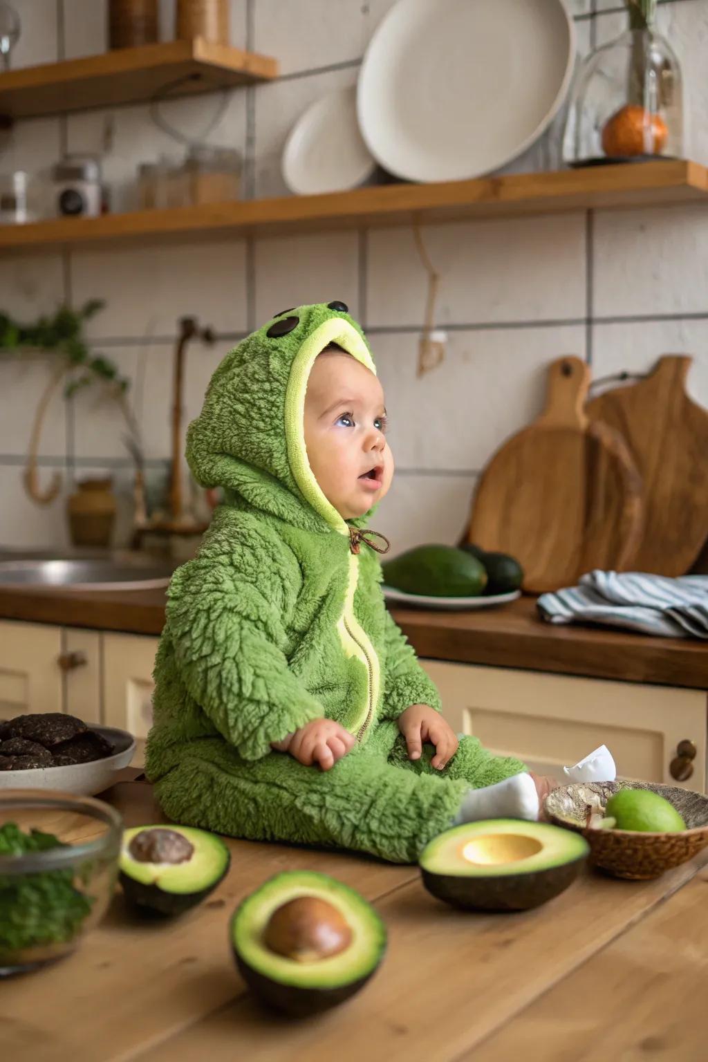 A quirky avocado costume for a delightful first Halloween.