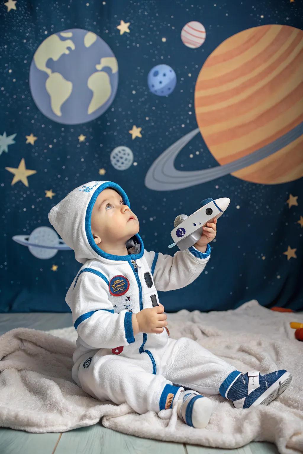 An astronaut costume for a cosmic first Halloween adventure.
