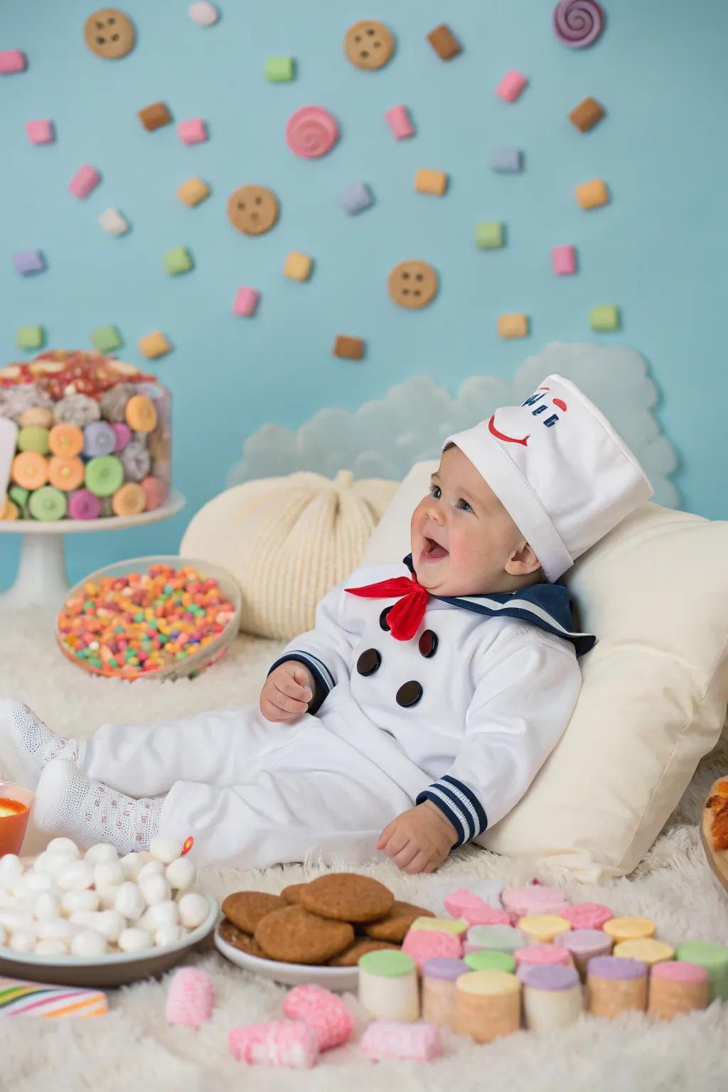 A fluffy marshmallow man costume for a sweet Halloween.