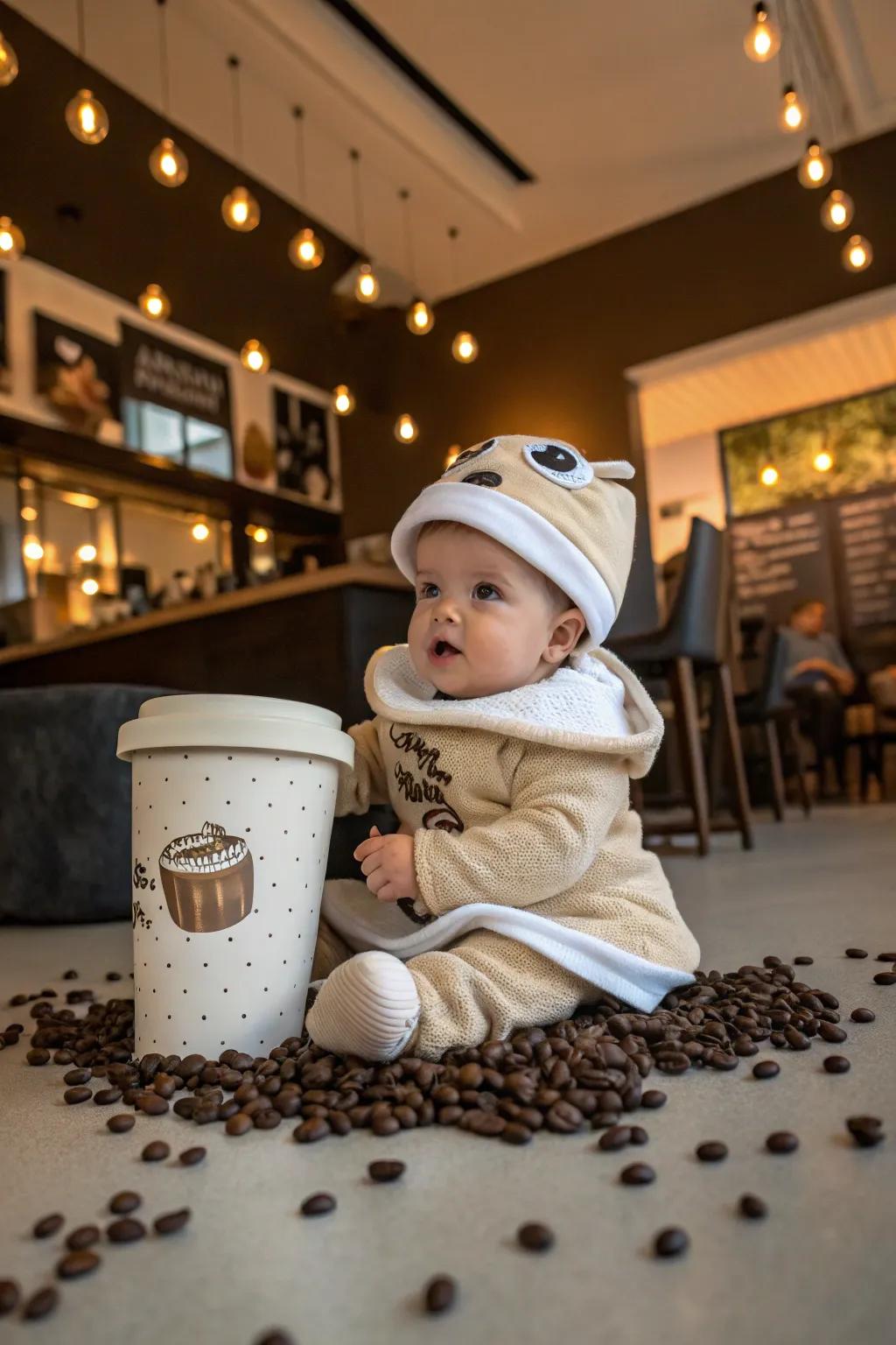 A cozy coffee cup costume for parents who love their brew.
