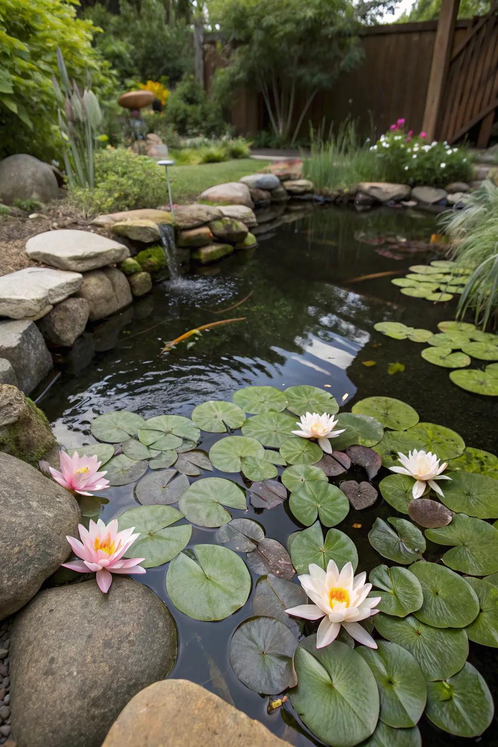 A backyard lily pond brings a touch of elegance and tranquility.
