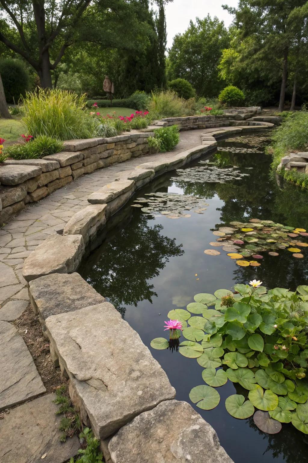 Natural stones create a seamless, rustic water garden.