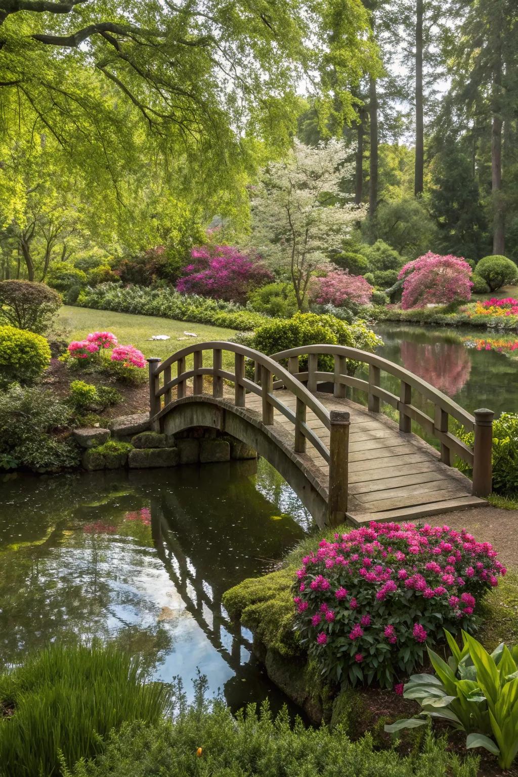 A wooden bridge adds charm to any water garden.