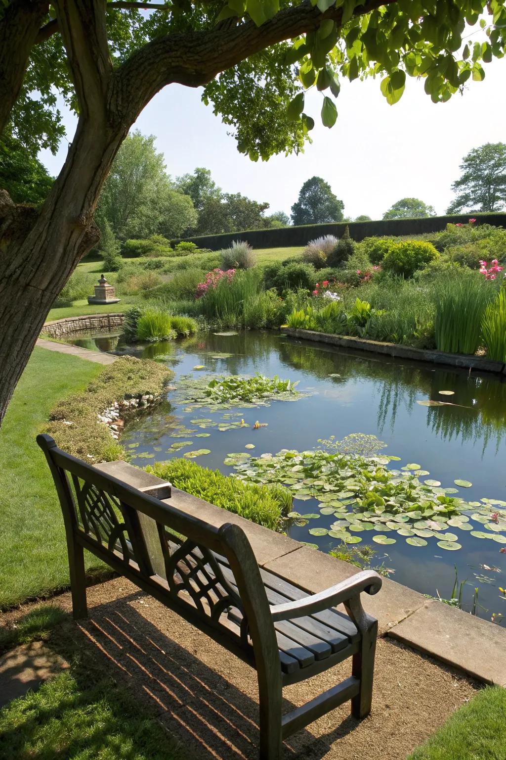A bench by the pond offers a perfect relaxing spot.