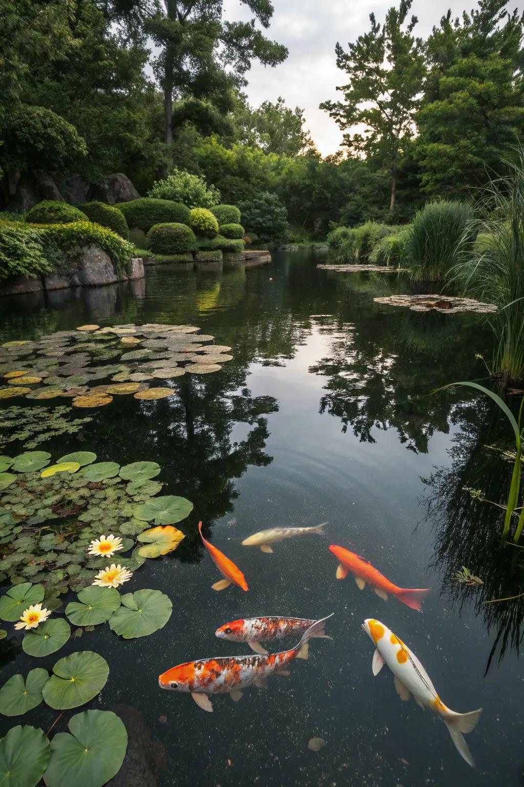 Koi fish bring life and movement to water gardens.