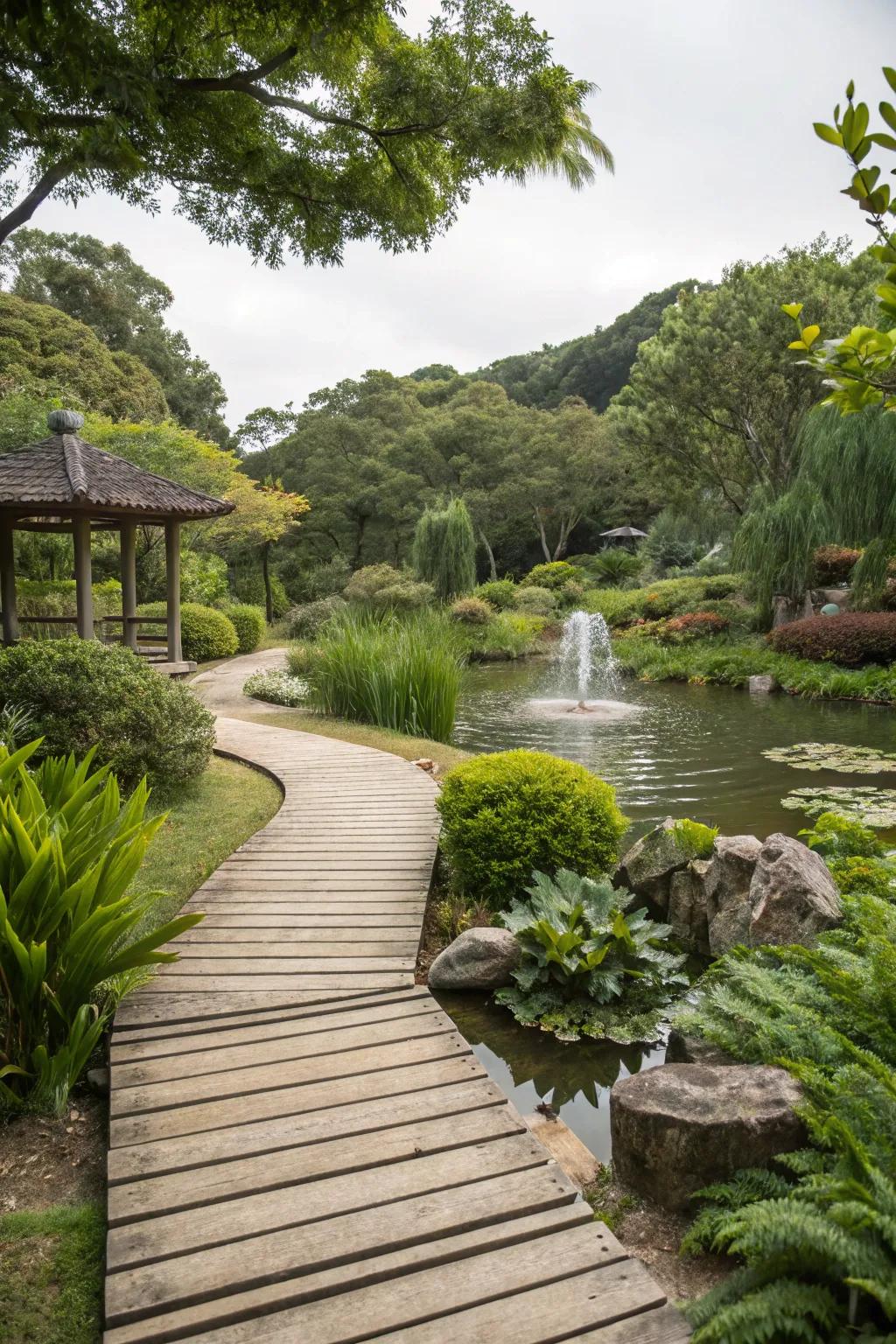 Wooden pathways invite you to explore your water garden.