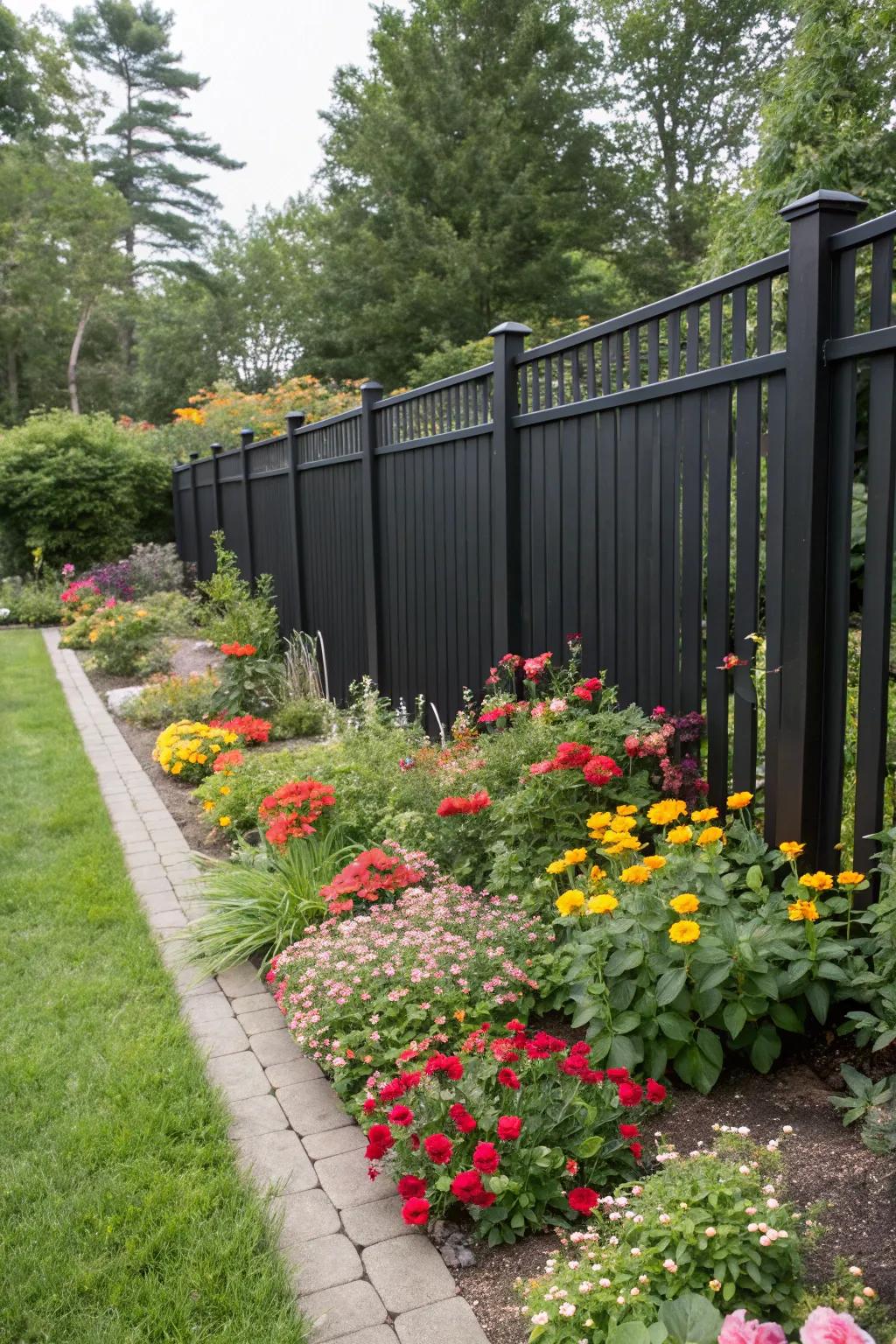 A black fence creates a striking contrast with vibrant garden colors.
