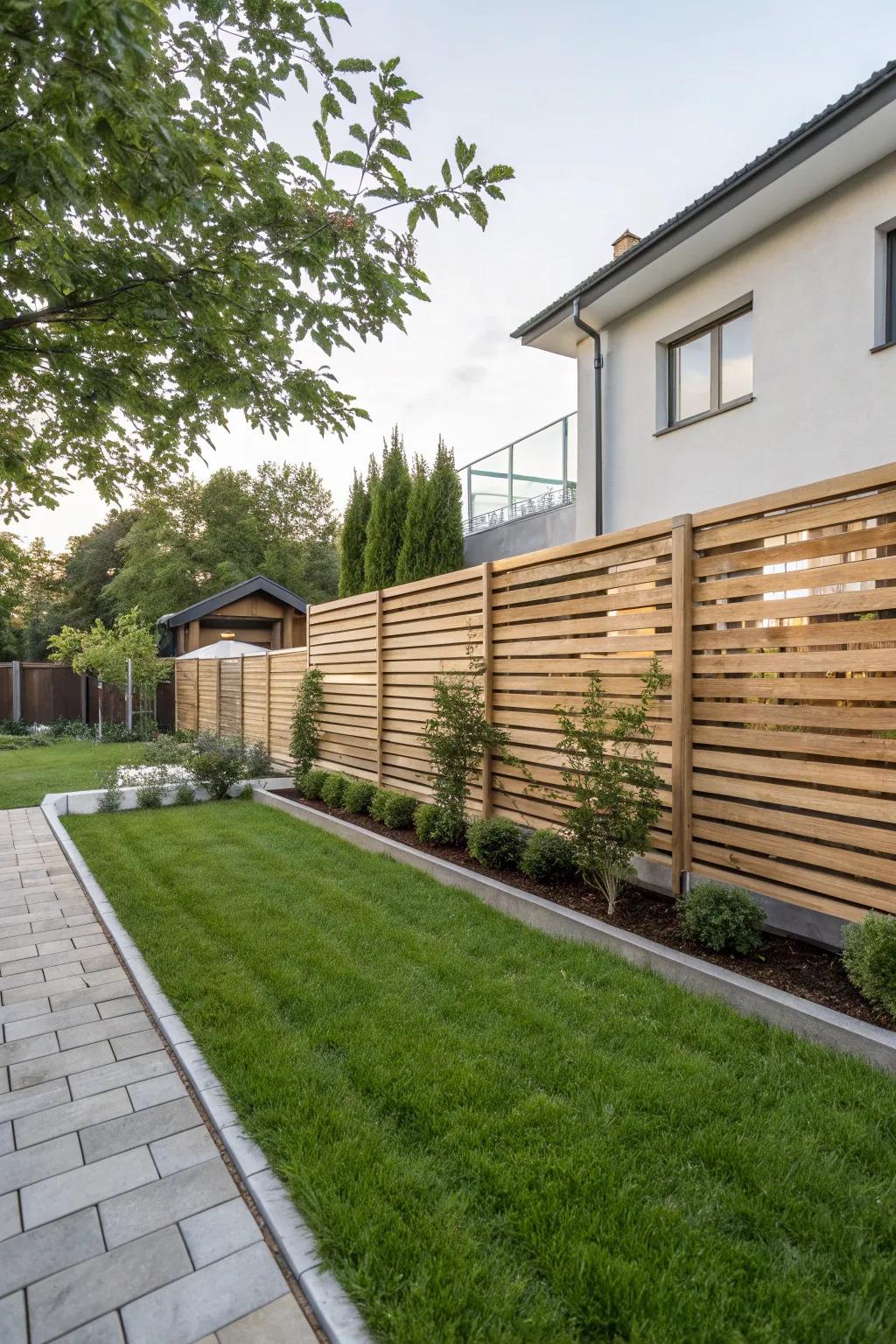 Horizontal wood slats offer a sleek and modern aesthetic for your backyard.