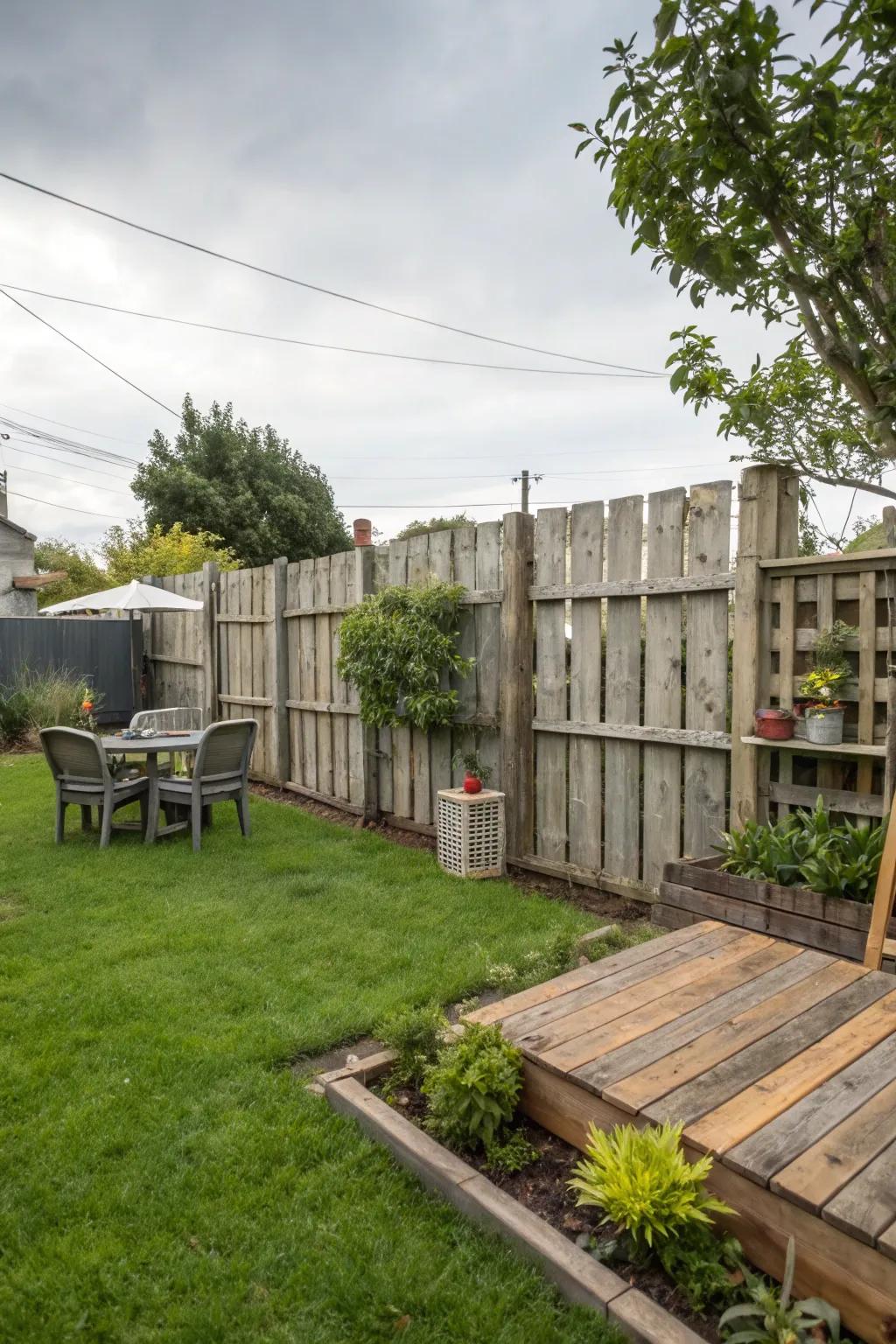 Repurposed pallets create a rustic and eco-friendly fence.
