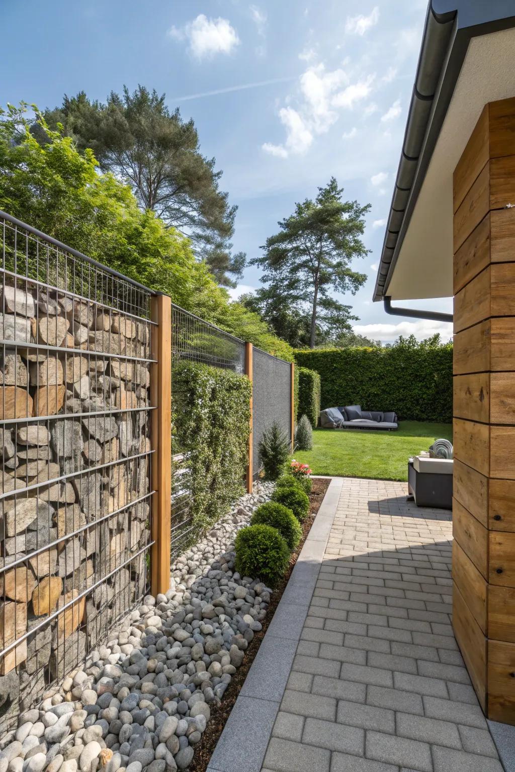 Gabion walls offer a rustic yet modern look with natural stones.