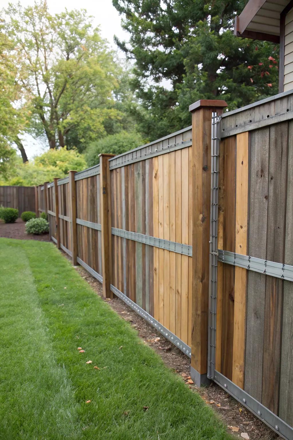 A perfect blend of wood and metal for a contemporary fence design.