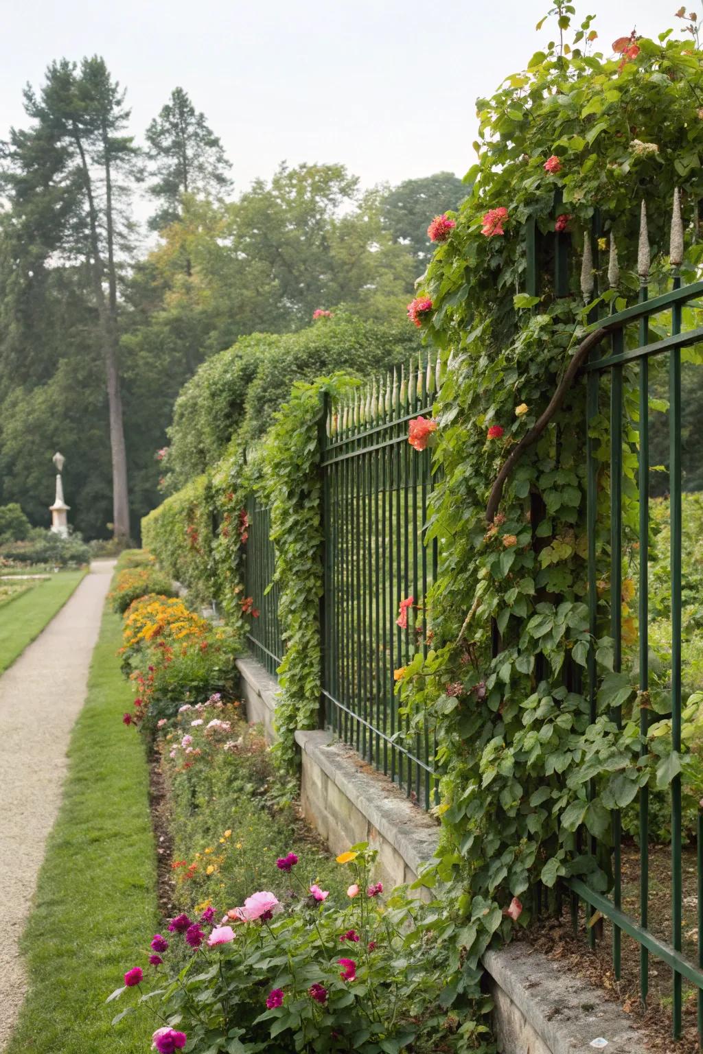 Climbing plants transform a plain fence into a beautiful green backdrop.