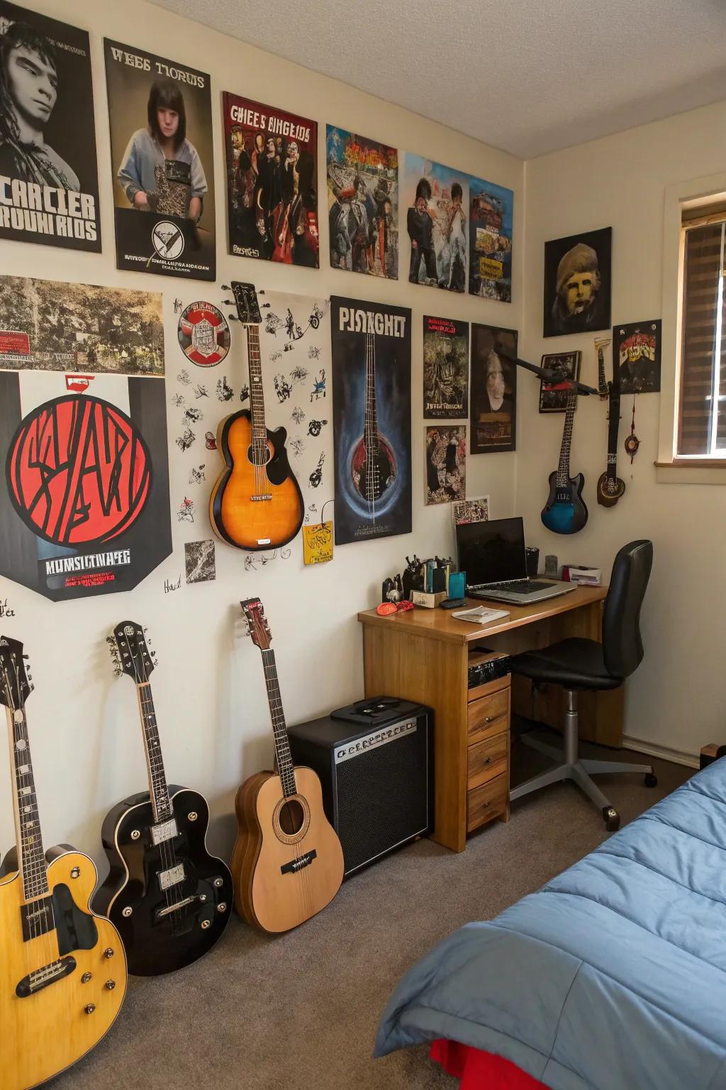A teen boy’s room decorated with a music theme, featuring guitars on the wall.