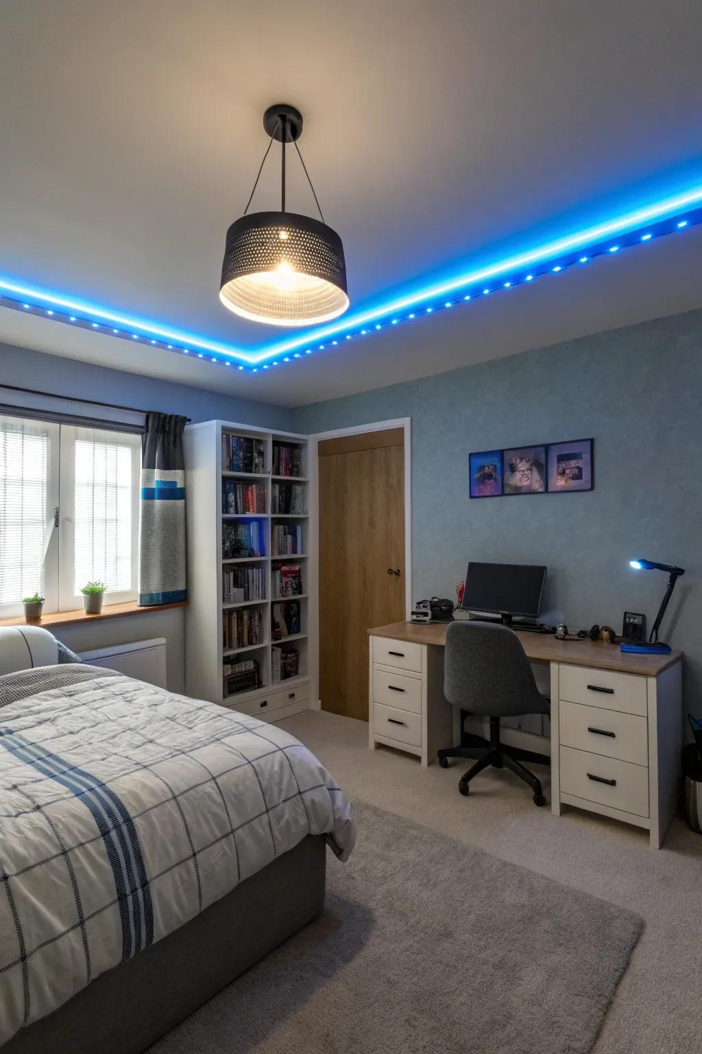 A teen boy’s room illuminated with adjustable LED lighting to create a personalized ambiance.