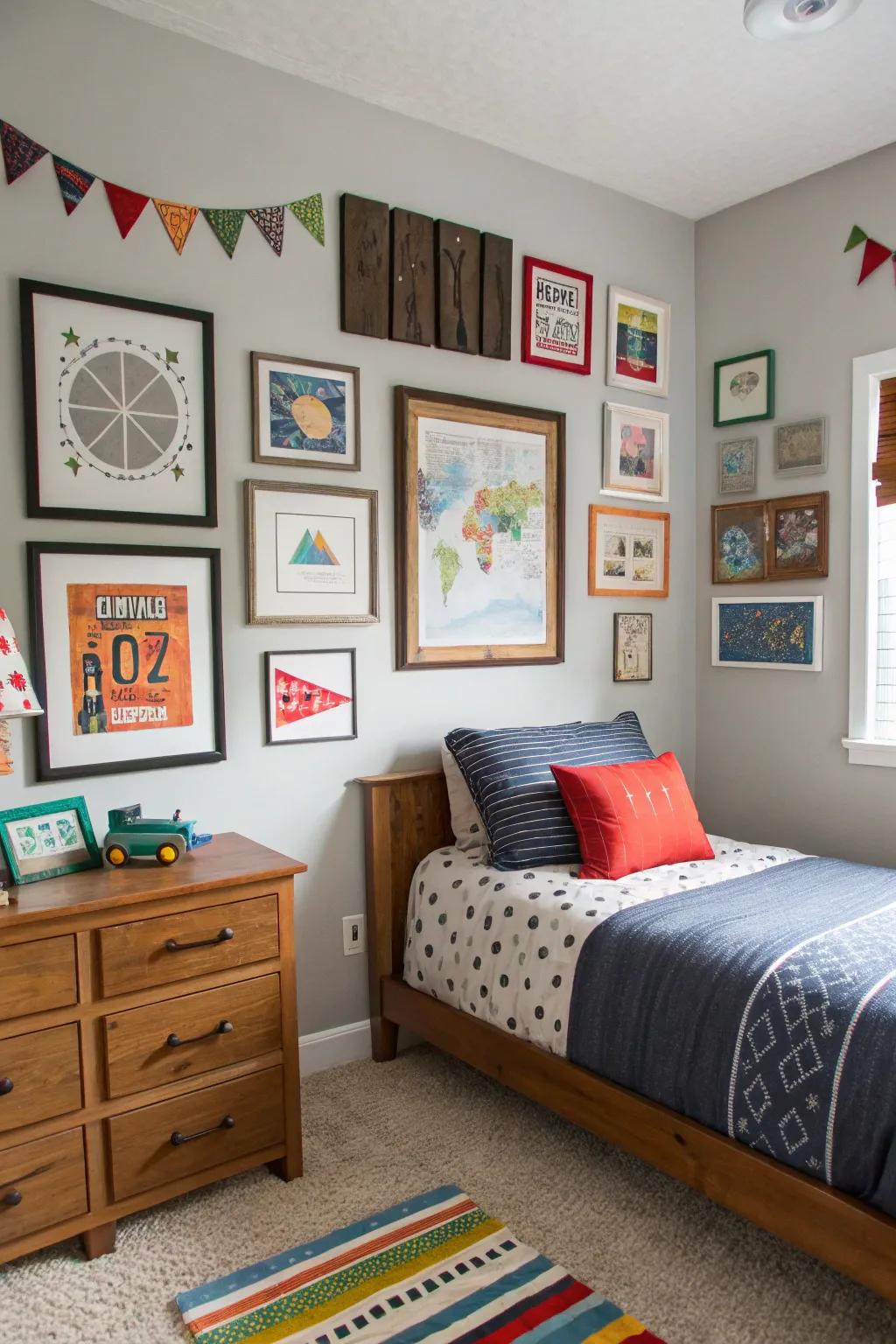 Artistic accents like framed prints and wall decals personalize this teen boy’s room.