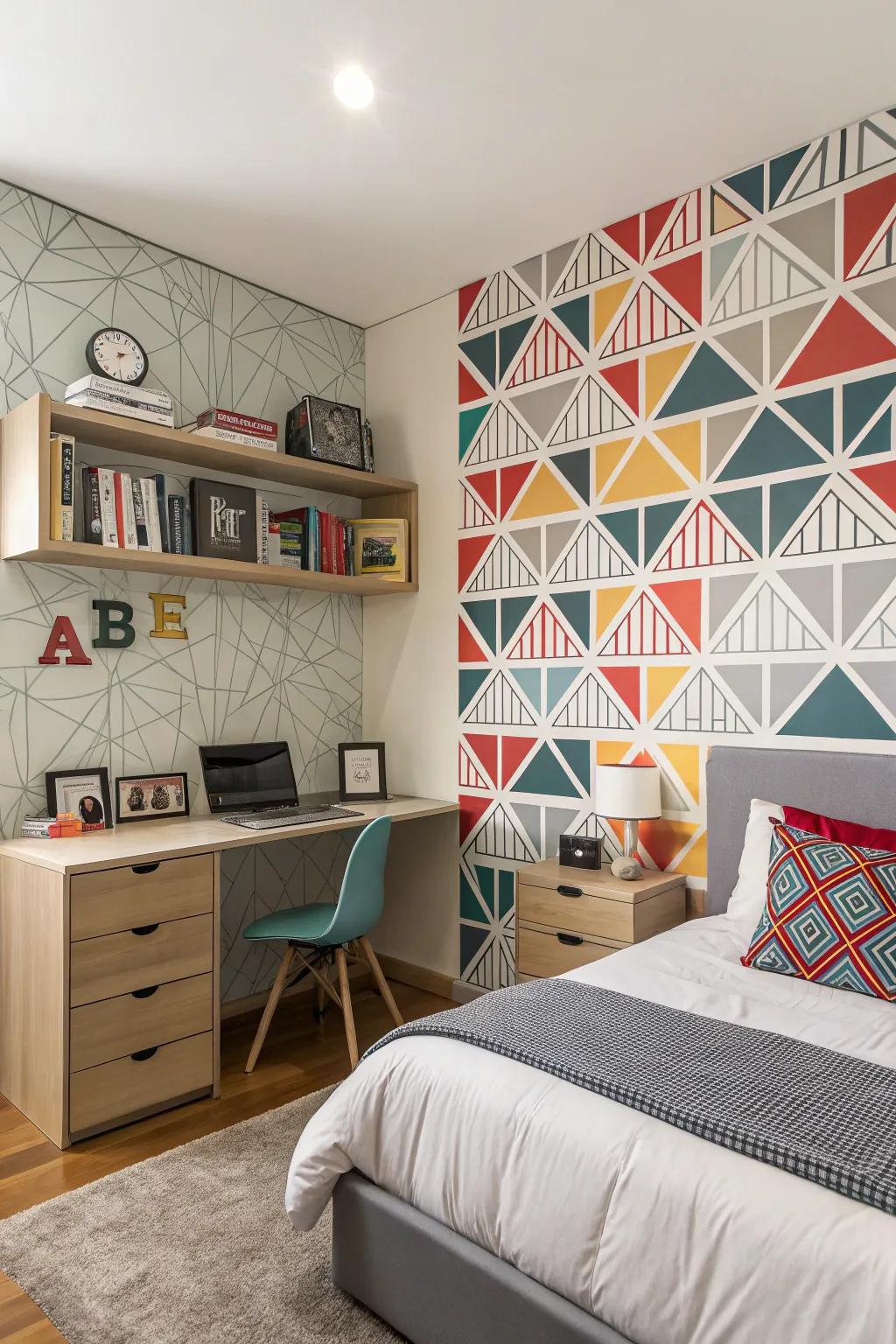 A teen boy’s room featuring bold geometric wallpaper for a modern touch.