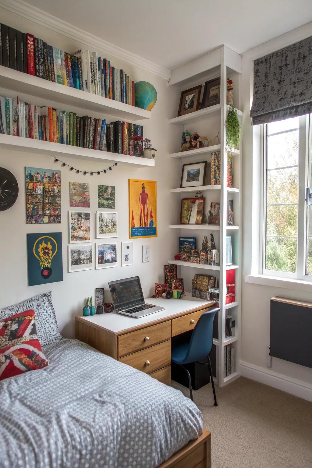 Efficient use of vertical space with shelves and wall-mounted storage in a teen boy’s room.