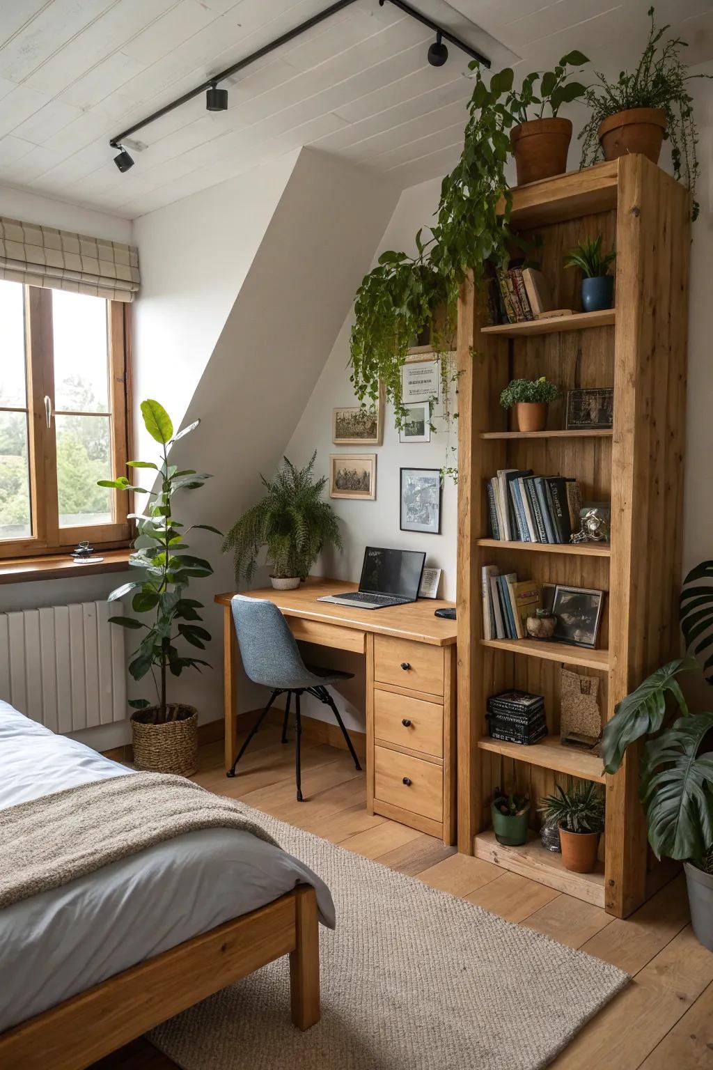 Wood accents and plants add natural warmth to this teen boy’s room.