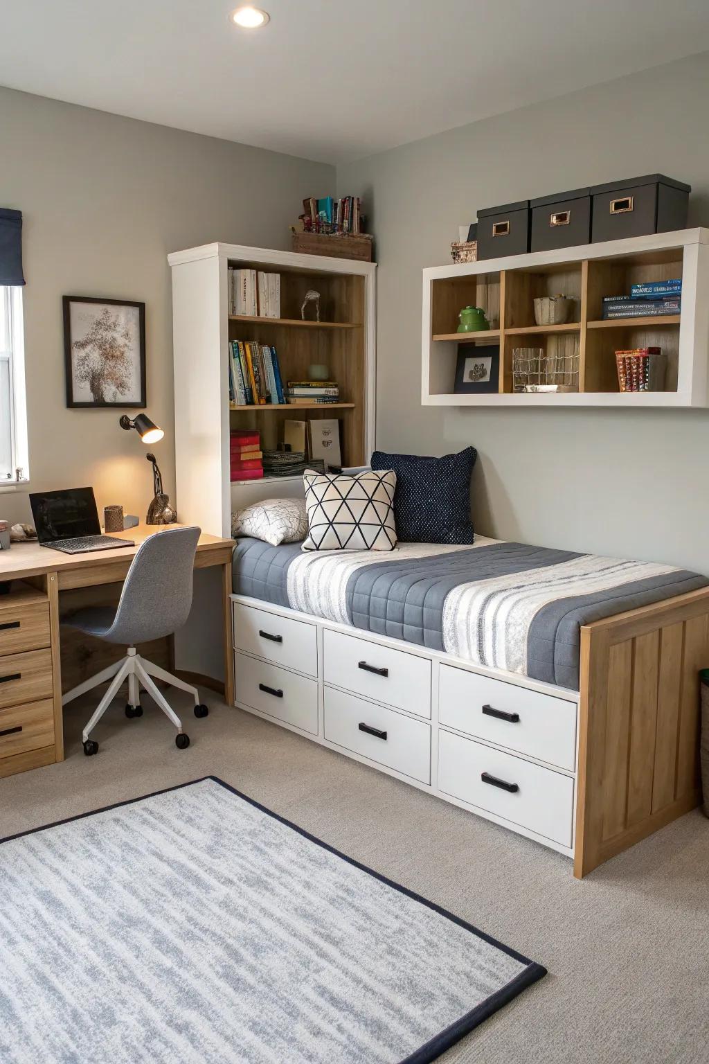 Space-saving multifunctional furniture in a teen boy’s room.