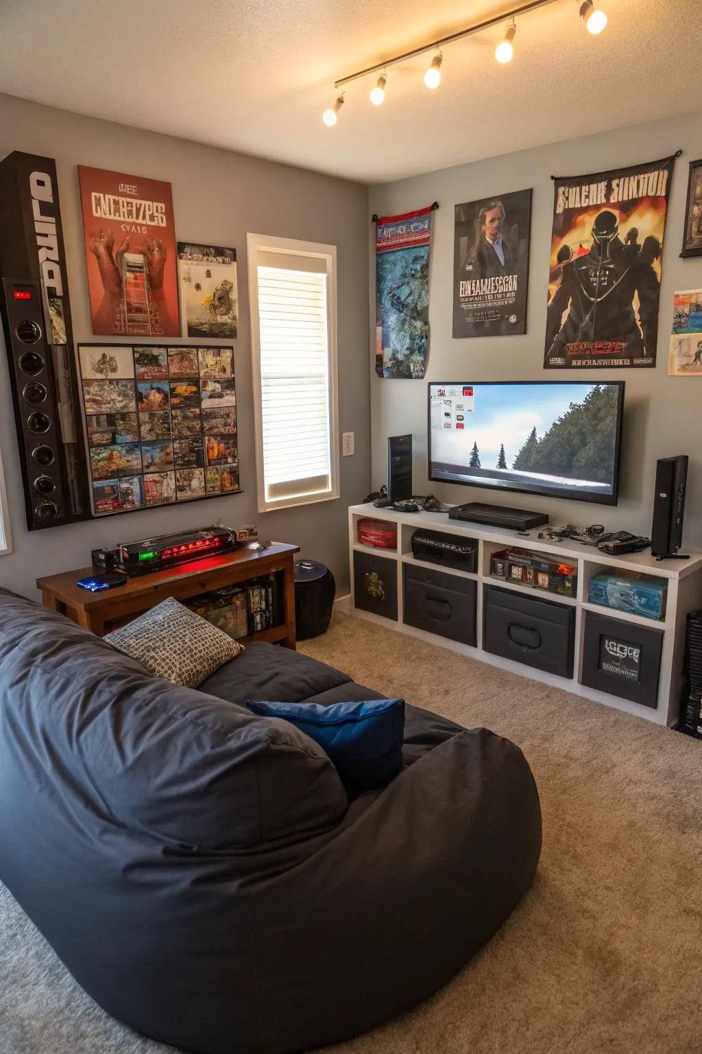 A cozy gaming zone with comfortable seating in a teen boy’s room.